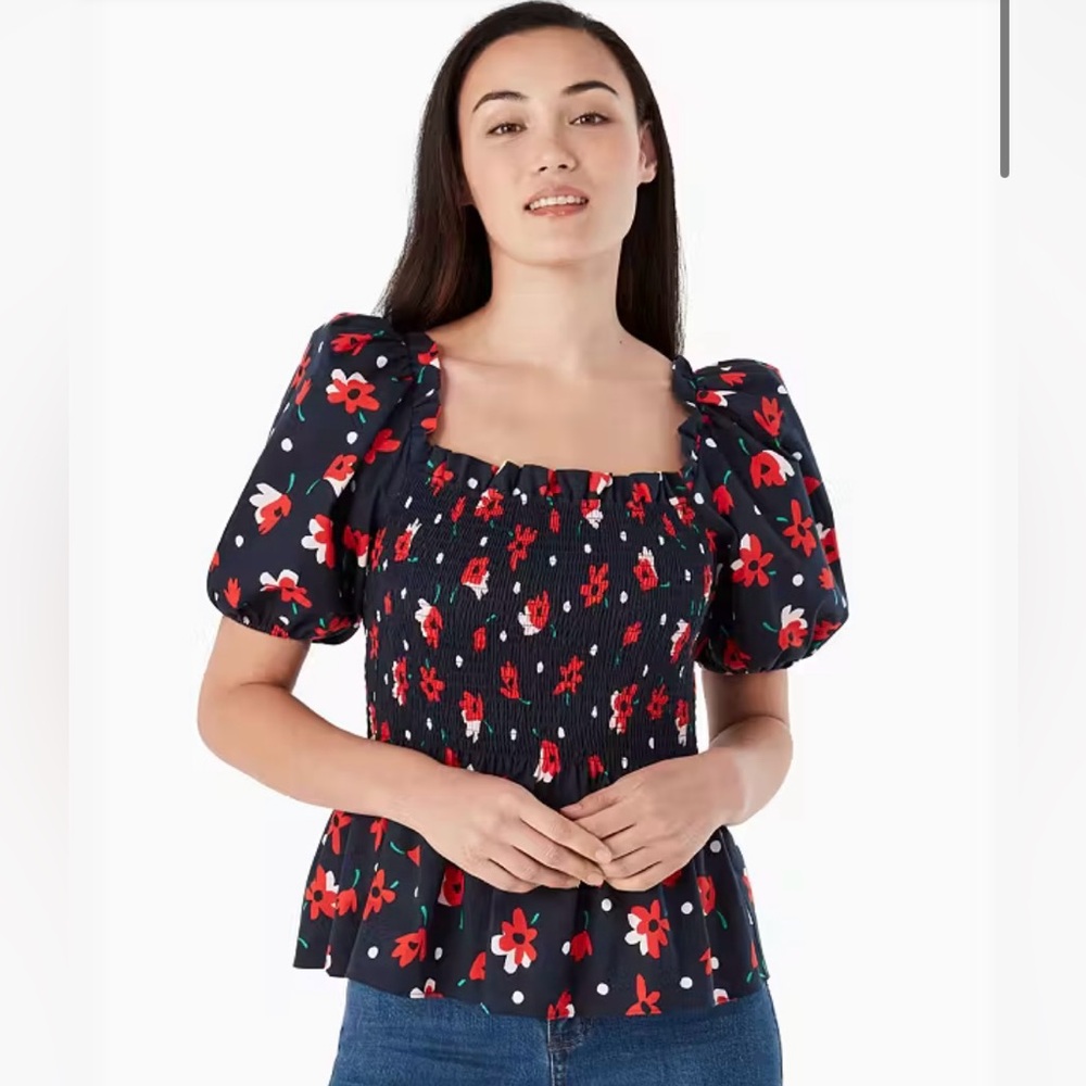 Kate spade whimsy floral puff sleeve top .